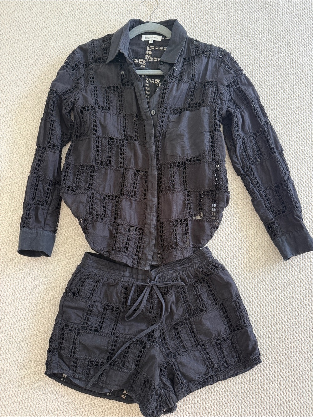 Heartloom Black Crochet Button-Up Shirt & Drawstring Shorts Set. Beach set
